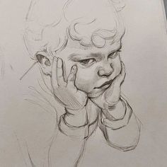 a pencil drawing of a child holding his hands to his face and looking at the camera