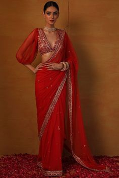 Fire Orange, Orange Saree, Desi Wear, Traditional Indian Dress, Indian Saree Blouses Designs, Indian Fashion Saree, Saree Designs Party Wear, Elegant Blouse Designs, Elegant Attire