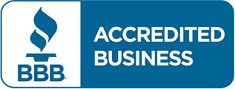 a blue and white sign with the words bbb, accreditated business on it