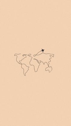 an airplane flying over the top of a world map on a beige background with black lines