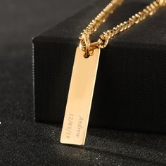 "* Material: Stainless Steel * Chain Length: 16\",18\",20\",22\",24\" * Pendant Size: 40x10mm * Finish: Sterling Silver ∙ 18K Gold Plated  * All our jewelry is custom made by hand with Love and Care in our workshop ♡ H O W ∙ T O ∙ O R D E R * Simply use the 'PERSONALIZATION BOX' to let us know the NAME and the FONT NUMBER that you would like.Two names can be customized.Each name max 10 characters. NAME + FONT NUMBER ♡ O T H E R ∙ I N F O R M A T I O N * This name necklace made from stainless steel and then plated with 18k gold to ensure it doesn't fade like other necklaces. * The unique personalized jewelry are the silent speakers, a custom name necklace is not only to express what your name is, but also who you are, your aesthetic ideal like romantic and fashion seeking. * Type your longi Gold Rectangular Bar Necklace For Gift, Gold Stainless Steel Necklaces With Engraving Option, Gold Necklaces With Engraving Option, Rectangular Pendant, Gold Bar Necklace As A Gift, Gold Stainless Steel Necklace With Engraving Option, Gold Necklaces With Rectangular Pendant, Gold Bar Necklace Gift, Engraved Stainless Steel Chain Necklace As Gift, Gift Stainless Steel Engraved Chain Necklace