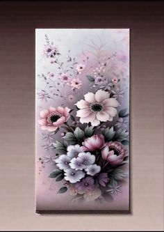 a painting with flowers painted on it in pink and white colors, hanging on a wall