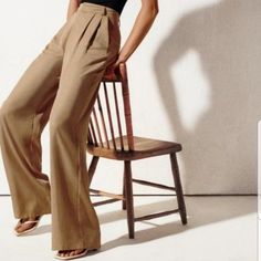 New Without Tag Zara Size Medium Tailored Straight Pants Menswear Style Wide Leg Trousers Dress Pants High-Waisted Pants With Front Pockets. Straight Leg. Front Zip, Metal Hook, And Interior Button Closure. Taupe Brown Tan Camel Beige Khaki Straight Dress Pants For Summer, Summer Khaki Straight Dress Pants, Summer Business Casual Khaki Pants, Casual Fall Camel Pants, Brown Relaxed Fit Dress Trousers, Brown Relaxed Fit Dress Pants, Brown Relaxed Fit Bottoms For Business Casual, Relaxed Fit Brown Bottoms For Business Casual, Fitted High Waist Wide Leg Khaki Pants