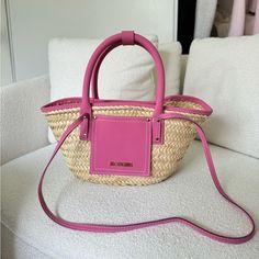 Super Cute New Never Worn Jacquemus Pink Basket Bag Can Be Used For The Beach Or Picnics Designer Crossbody Straw Bag For Shopping, Pink Jacquemus Bag, Jacquemus Beach Bag, Jacquemus Bag Colors, Pink Jaquemus Bags, Purple Jacquemus Bag, Jaquemus2020 Bag, Pink Basket, Jacquemus Bag