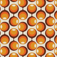 an orange and brown abstract pattern with circles on white background, suitable for wallpaper or fabric