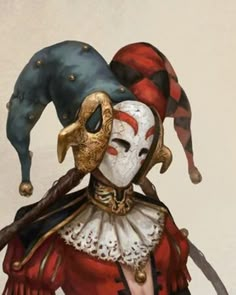 a painting of a clown wearing a red and white mask