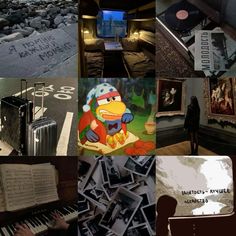 there are many different pictures in this collage, including an old piano and other things