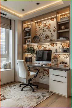 a room with a desk, chair and computer on it