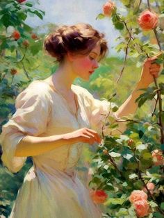 a painting of a woman picking flowers from a bush