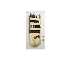 an over the door storage bag hanging on a white door with two pockets for items