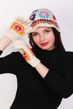 • A combo of Cap & Gloves.• Versatile Wardrobe Addition.• Unique, granny square pattern.• Made with soft, high-quality yarn.• Adds a touch of vintage or boho style. Adjustable Bohemian Multicolor Mini Hats, Bohemian Acrylic Crochet Hat For Winter, Beige Bohemian Crochet Hat For Winter, Bohemian Beige Crochet Hat For Winter, Retro Crochet Hat One Size For Winter, Retro Handmade Crochet Hat For Winter, Retro Crochet Hat For Winter, Retro One-size Crochet Hat For Winter, Handmade Retro Crochet Hat For Winter