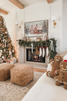 Pottery Barn Christmas, gingerbread Christmas, living room style, cozy Christmas vibes, creamy whites, warm woods, velvet ribbon, stocking finds, garland finds, throw pillow, pouf finds, frame tv art, gold detail, gingerbread house, Christmas tree finds, tree topper, neutral area rug, wall sconce, warm tree details, tree topper, gingerbread pillow, my Christmas style, warm browns, traditional Christmas, velvet stocking, gingerbread art Brown Ribbon Christmas Decor, Pottery Barn Christmas Stockings, Warm Gingerbread Christmas Tree, Gingerbread Neutral Christmas Decor, Christmas Tree Near Fireplace, Tv Garland Christmas, Pottery Barn Christmas Living Room, Gingerbread Living Room Decor, Christmas Wall Garland