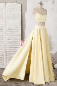 Satin Long Prom Dress, Farewell Dresses, Matric Dance Dresses, Two Piece Prom, Yellow Two Piece, Glamorous Evening Dresses, 2 Piece Prom Dress, Prom Dresses Yellow, Yellow Satin