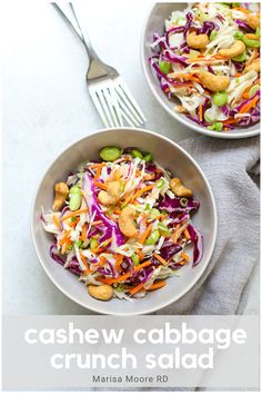 two bowls filled with coleslaw, carrots and cashew cabbage slaw