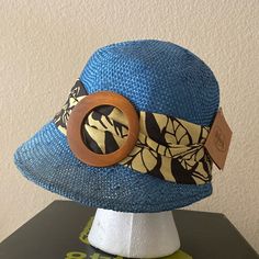 Sm 56 Cm 100% Hemp Adjustable Blue Bucket Sun Hat, Blue Retro Vacation Hats, Retro Blue Beach Hat, Adjustable Blue Fedora Straw Hat, Blue Flat Brim Sun Hat One Size, Adjustable Light Blue Sun Hat For The Beach, Adjustable Light Blue Sun Hat For Beach, Blue Fedora Sun Hat - One Size Fits Most, Adjustable Retro Straw Hat For Vacation