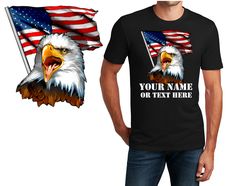 "This Item includes: - 1) T-Shirt - Printed Name or Text - Eagle Printed Design We offer FREE Shipping at $35 This shirt is printed with a high quality Direct to Garment (DTG) printer which means you will have a long lasting and vibrant t-shirt after many washes. -------------------------- T-SHIRT FEATURES -------------------------- We only print on the highest quality t-shirts available such as Bella Canvas, District, Haynes, Cotton Heritage, etc. Please leave a message in the \"Note to Seller\ Eagle American Flag, American Flag Design, Eagle American, Eagle Print, Medical Outfit, Custom Printed Shirts, Sports Shirt, High Quality T Shirts, Flag Design