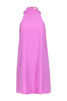 Unleash your inner Barbie with this playful pink tunic dress from Ted Baker. Feminine and fun, it features a high neckline and a chic scalloped trim for a touch of drama. Take it to the next level by rocking hot pink pumps for a bold and sassy look. Size 6 (Ted Baker 2) 92% Polyester, 8% Elastane Lined Exposed back-zip closure High neck Sleeveless Side-seam pockets Tunic style Sleeveless Bust 34.25" Waist 40" Shoulder to hem 35" Feminine Spring Mini Dress With Scalloped Edges, Chic Spring Dress With Scalloped Edges, Chic Dresses With Scalloped Edges For Spring, Feminine Sleeveless Mini Dress With Scalloped Edges, Spring Dresses With Scalloped Edges, Pink Lined Halter Neck Dress, Pink Halter Neck Lined Dress, Pink Sleeveless Dress With Scalloped Edges, Pink Summer Dresses With Scalloped Edges