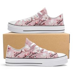 Cherry Blossom Canvas Shoes Available for Men, Women, and Children **Black or White **High Top or Low Top.  **Dark Blue, Light Blue, Dark Pink, Light Pink, White or Beige PRODUCTION TIMES & SHIPPING ESTIMATES: Average Production Time: * 5-10 Business Days Standard Overseas Shipping * 7-14 Business Days Expedited Shipping * Available Upon Request PERSONALIZATION / DESIGN YOUR OWN All our items can be customized with your own text, images, fonts, colors, logos, graphics, patterns, etc... just send Casual Low-top Floral Print Sneakers, Trendy Floral Print Sneakers For Spring, Pink Low-top Canvas Shoes For Spring, Spring Floral Print Sneakers With Round Toe, Floral Print Canvas Shoes For Summer, Floral Print Round Toe Sneakers For Spring, Pink Lace-up Canvas Shoes For Spring, Spring Floral Print Round Toe Sneakers, Pink Floral Print Sneakers For Summer