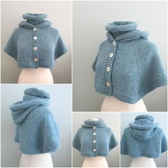 four pictures of a blue knitted sweater with buttons on the front and back, all in different angles