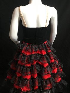 "Ballet Dress - Professional Ballet dress. Spanish Style Ballet dress. Can be used for \"Don Quijote\". The bodice is made of semi-stretch black velvet with lining. Decorated with clear, red and gold rhinestones. inside skirt layer is tulle and top layer is chiffon with lace ruffles. The bodice has two rows of hooks for comfortable adjustment. This is a custom made order. It will take 2-3 weeks to complete. We will need your body measurements in order to get started. Please see photos for how to Fitted Black Dress For Ballroom, Fitted Ruffle Mini Dress For Costume Party, Red Fitted Corset Dress For Formal Occasions, Fitted Red Mini Dress With Corset Back, Red Fitted Mini Dress With Corset Back, Gala Dresses With Fitted Bodice And Attached Cancan, Stretch Ruffled Dress For Gala, Fitted Bodice Dresses With Attached Cancan For Gala, Stretch Ruffle Dress For Gala