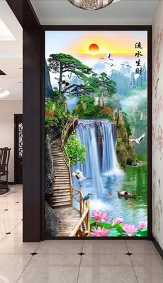 an open door with a waterfall and birds on it