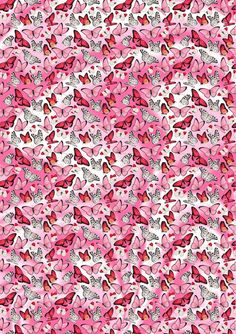 a pink and white wallpaper with many butterflies on the back ground, all in different colors