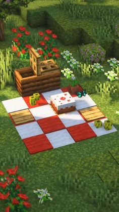 an image of a picnic setting in the middle of flowers and plants on a patch of grass