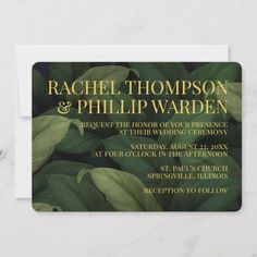 a wedding card with green leaves and gold foil on the front, reads rachel thompson & phillip ward