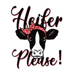 a black and white cow with a red bow on it's head that says heifer please