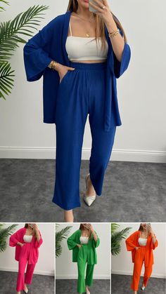 Buy any 2 Get Free Gift, ALL MATCH Daily Casual Wear for Women, Bling Color 2 Piece Set, Open Front Lazy Loose Top and Wide Leg Pants Open Front Top, Casual Wear Women, Long Trousers, Loose Tops, Women Set, Trouser Pants, Front Open, Outfit Sets, Wide Leg Pants