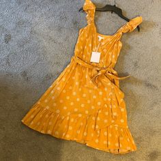 Lauren Conrad Mustard/White Polka Dot Adorable Summer Faux Wrap Around Dress. Pretty Ruffle Look At Hem & Sleeve. Elastic Waist With Tie. Brand Nwt Yellow Mini Sundress With Ruffles, Yellow Ruffled Mini Sundress, Casual Yellow Mini Dress With Ruffles, Yellow V-neck Sundress With Ruffles, Yellow Knee-length Casual Sundress, Yellow Casual Knee-length Sundress, Casual Yellow Knee-length Sundress, Cute Yellow Mini Dress For Spring, Cute Yellow Mini Sundress