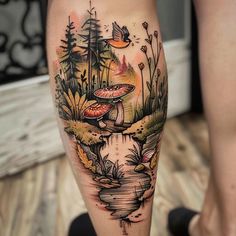 Unique Nature Tattoos Tattoo Drafts Mushroom Inspired Tattoos, Forest Creature Tattoo, Fairy Door Tattoo, Nature Tattoo Color, Forest Sleeve Tattoo Women, Forest Tattoos Women, Mushroom Forest Tattoo, Botanical Leg Tattoo, Boho Tattoos For Women