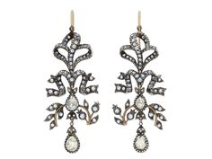 Of antique Victorian style, each set with 66 rose-cut diamonds, with millegrain detailed scrolling and foliate motifs, in silver over gold with French hooks. Gold Vintage Jewelry, Diamond Chandelier Earrings, Diamond Chandelier, Buy Gold Jewelry, Online Gold Jewellery, Gold For Sale, Jewellery Marketing, Jeweled Earrings, Royal Jewelry