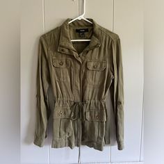 This Forever 21 Army Style Zip Up Jacket With Added Cinched Waist Tie Detail Is Super Fun And Works Great With Denim And Ankle Boots. Never Worn. Forever 21 Casual Long Sleeve Outerwear, Casual Work Outerwear From Forever 21, Casual Outerwear From Forever 21, Casual Forever 21 Outerwear For Work, Fitted Casual Outerwear By Forever 21, Forever 21 Casual Button-up Outerwear, Casual Button-up Outerwear By Forever 21, Casual Forever 21 Outerwear With Pockets, Forever 21 Casual Outerwear With Pockets