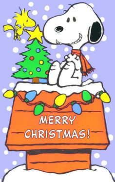 a cartoon dog is sitting on top of a christmas tree with the words merry christmas