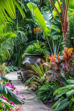 A collection of tips and ideas for creating a compact tropical garden, perfect for small spaces or urban environments. Year Round Outdoor Plants, Auckland Garden, Florida Plants Landscaping, Small Tropical Gardens, Garden Lodge, Diy Garden Fountains, Tropical Landscape