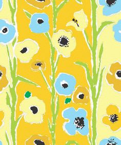 an abstract floral pattern with blue, yellow and green flowers on a light yellow background