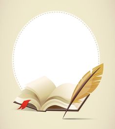 an open book with a quill and feather resting on it's cover in front of a white circle