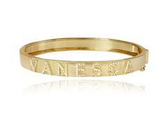 This Custom Name Bracelet is crafted with 100% pure 14K solid gold, and set with genuine conflict-free diamonds. The bangle is 6mm wide and can accommodate up to 10 letters. Simply specify the initials in the personalization box. This gorgeous bracelet arrives in a stylish gift box ready for gift-giving. ✪ MATERIAL * 14K Solid Gold (Stamped 14K for Purity Authenticity) * Genuine, conflict-free diamonds and natural stones * Offered in 14k Yellow, Rose, and White Gold * Bangle Width - 6mm * Can be Initial Bangle Bracelet, Bracelet With Charms, Delicate Gold Jewelry, White Gold Bangle, Bracelet Size Chart, Fine Gold Jewelry, Fine Diamond Jewelry, Gold Chain Jewelry, Bangle Bracelets With Charms