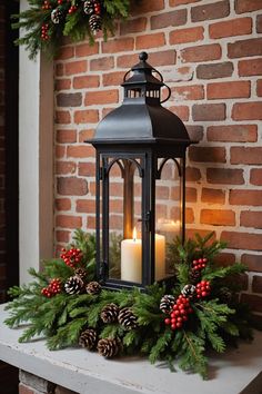 a lit candle sits on top of a mantle with greenery and pine cones around it