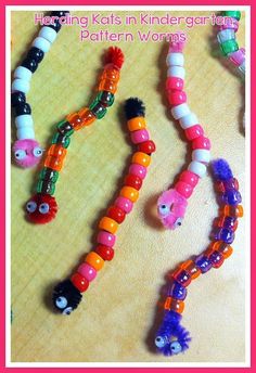 several different colored beads are arranged on a table with the words, helping kids in kindergart fun pattern worms