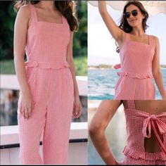 New With Tags, Gal Meets Glam Logan Jumpsuit In Perfect Condition, Never Worn. Purchased In 2020. Color Is Listed As Orange But Looks Coral In Person. Beautiful Gingham Fabric Is Very Breathable And Perfect For Warmer Weather. Casual Pink One-piece Jumpsuits And Rompers, Pink Beach Overalls Jumpsuit, Pink Beach Overall Jumpsuit, Pink Overall Jumpsuit For Beach, Girl Meets Glam, Gingham Jumpsuit, Gal Meets Glam Collection, Burgundy Jumpsuit, Chiffon Jumpsuit