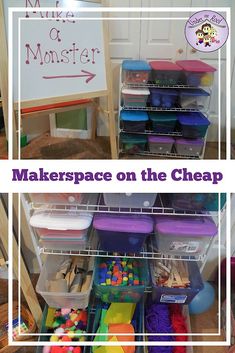 there are many bins with toys in them and the words makerspace on the cheap