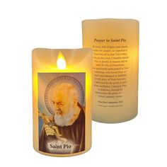 a candle with an image of saint pio on it and the words prayer to saint pio