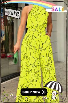 Casual Simplicity Print Patchwork Frenulum Halter Loose Jumpsuits(9 Colors) Yellow Sleeveless Jumpsuit For Work, Yellow Sleeveless Jumpsuits And Rompers For Work, Summer Workwear Printed Jumpsuits And Rompers, Loose Jumpsuit, Jumpsuits And Romper, Jumpsuit Fashion, Jumpsuit Romper, Wide Leg, Jumpsuit