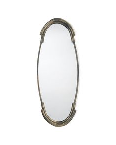 an oval shaped mirror with metal accents on the edges and sides, against a white background