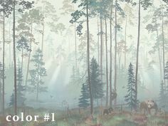 an image of a forest scene with animals in the woods and foggy sky above