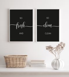 two black and white posters with the words fresh and clean in cursive font