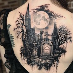 Gothic Tattoo Master Files Really Detailed Tattoos, Gothic Mom Tattoo, Cauldron And Broom Tattoo, Pumpkin Chest Tattoo, Negative Space Chest Tattoo, Goth Unicorn Tattoo, Spooky Shoulder Tattoo, Cemetery Tattoo Ideas, Gothic Witchy Tattoos