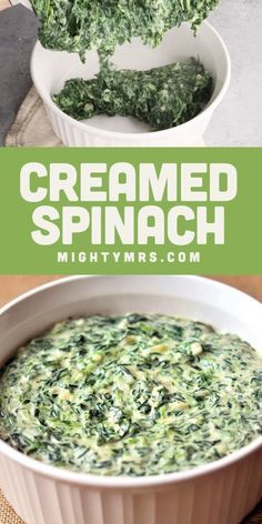 creamed spinach dip in a white dish with text overlay